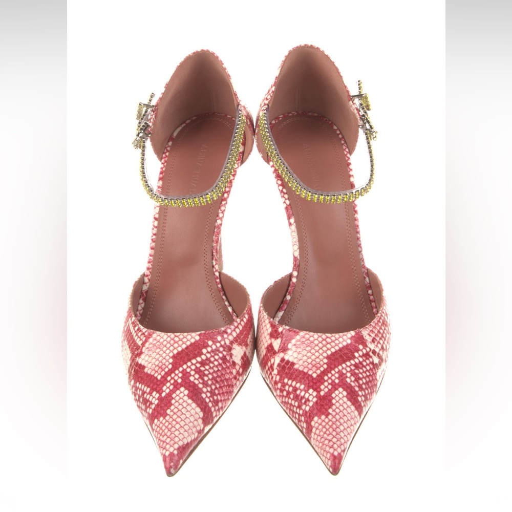 Amina Muaddi Ursina Snakeskin Crystal Ankle-Strap Pumps